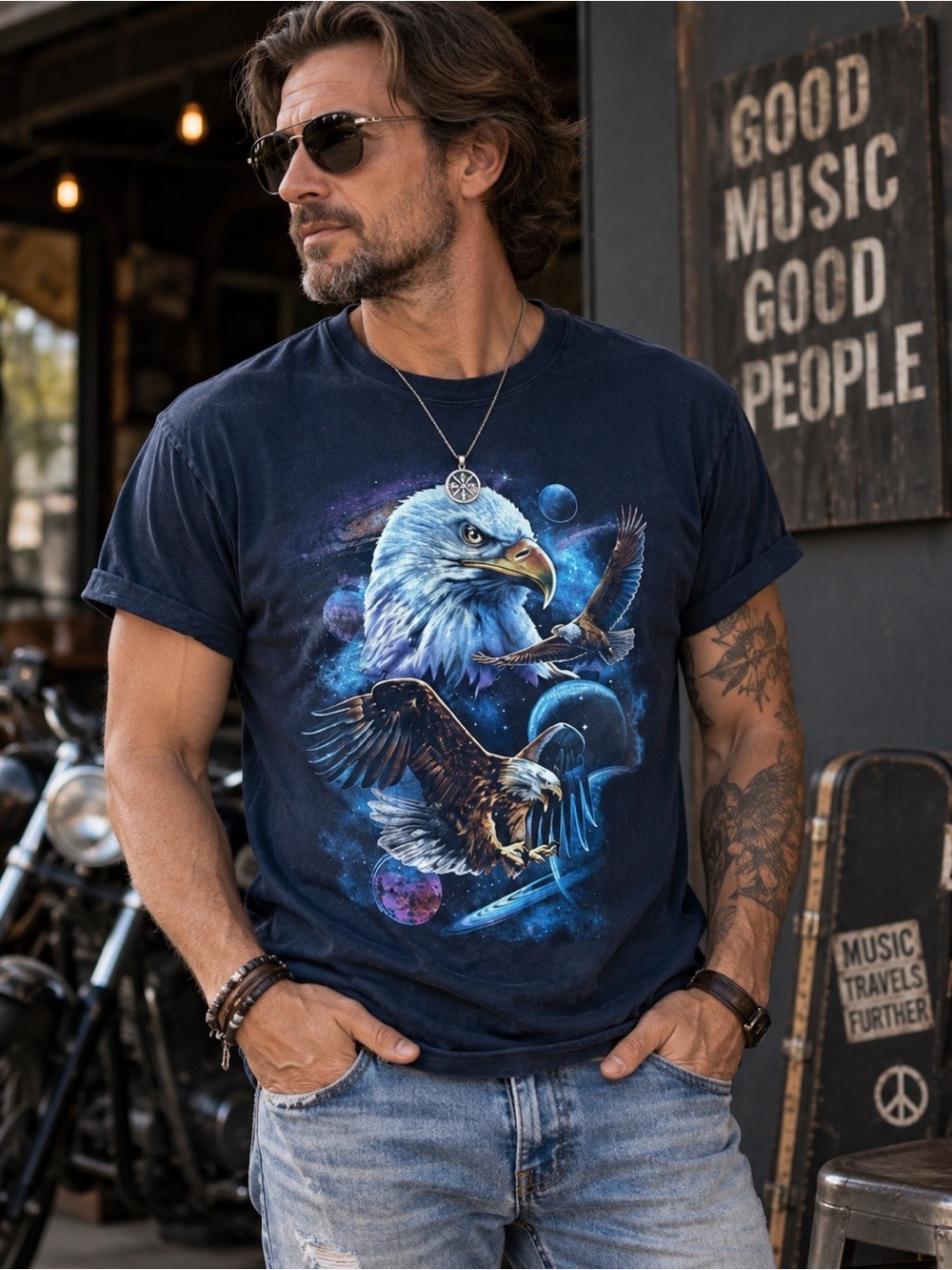Cosmic Eagle Graphic Tee – Galaxy Space Print – 100% Cotton – Size L